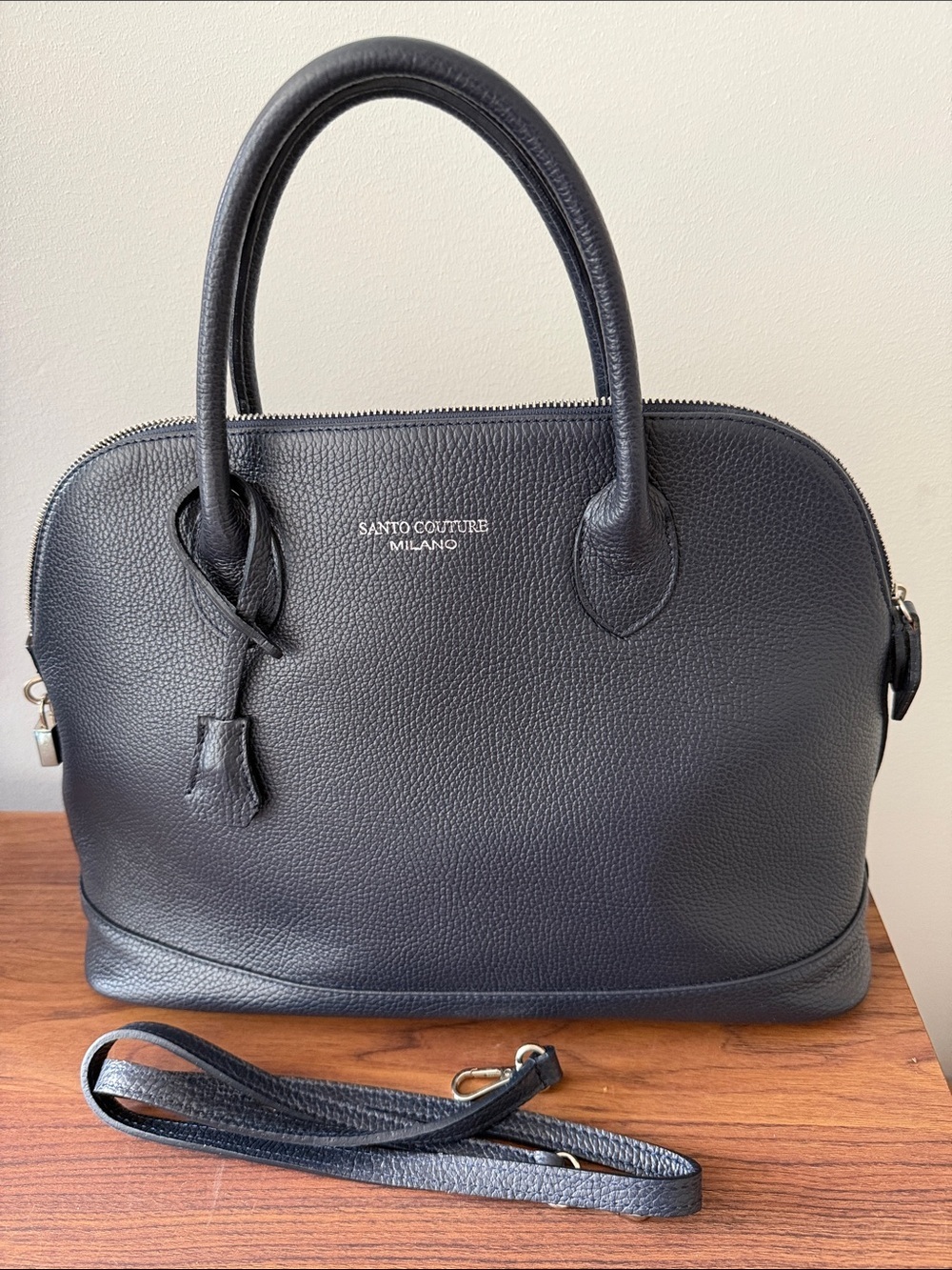 NWOT Santo Couture Milano Navy Domed Satchel Leather Bag with X Body Strap.